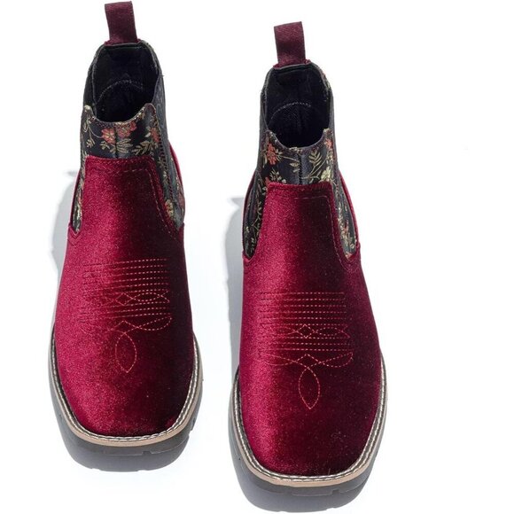 Men\'s Red Velvet Printed Chelsea Slip-on Dress Ankle Formal Casual Boots